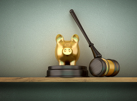 Piggy Bank with Gavel on Shelf - Wall Background - 3D Rendering