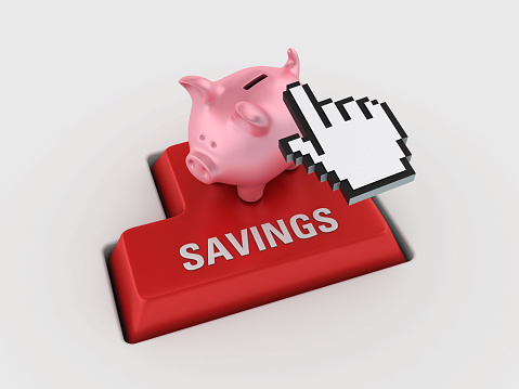 Piggy Bank on Savings Keyboard Key and Hand Cursor - Gray Background - 3D Rendering
