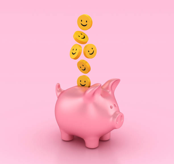 Piggy Bank with Happy Emoticons - Color Background - 3D Rendering
