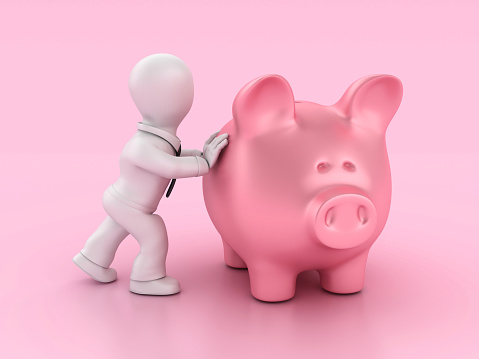Piggy Bank and Business Character - Color Background - 3D Rendering