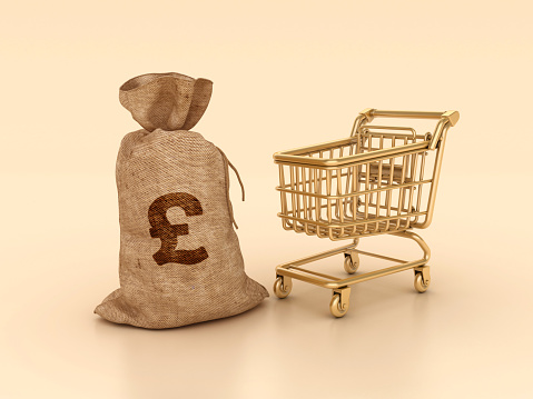 Shopping Cart with Pound Money Sack - Color Background - 3D rendering