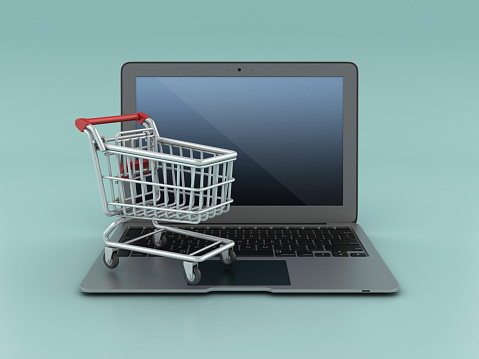 Shopping Cart with Computer Laptop - Color Background - 3D rendering