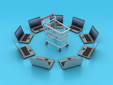 Shopping Cart with Computer Laptops Circle - Color Background - 3D rendering