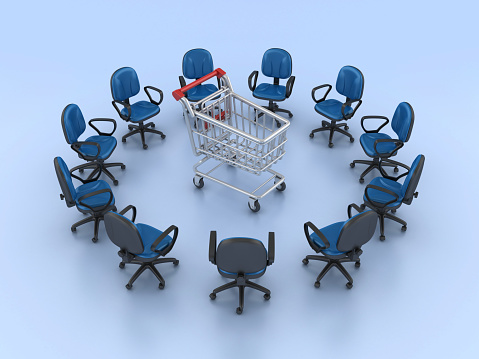 Shopping Cart with Office Chairs Circle - Color Background - 3D rendering