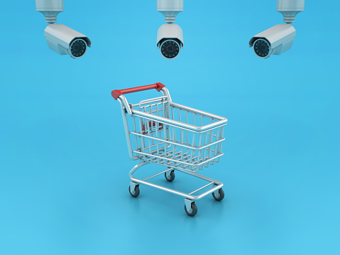 Shopping Cart with Security Cameras - Color Background - 3D rendering