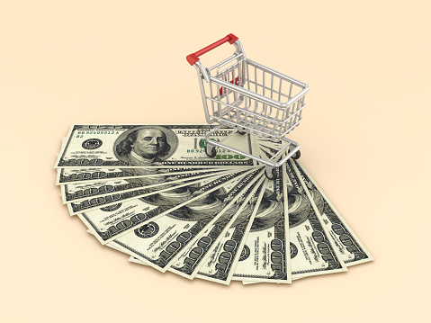 Shopping Cart with Dollar Bills - Color Background - 3D rendering
