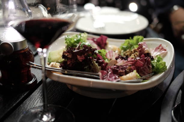 istock Restaurant salad and wine, Plate, Dish, Close-up 1692067993