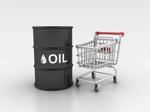 Shopping Cart with Oil Tanks - Gray Background - 3D rendering