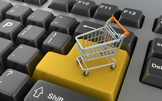 Shopping Cart on Keyboard - Color Background - 3D rendering