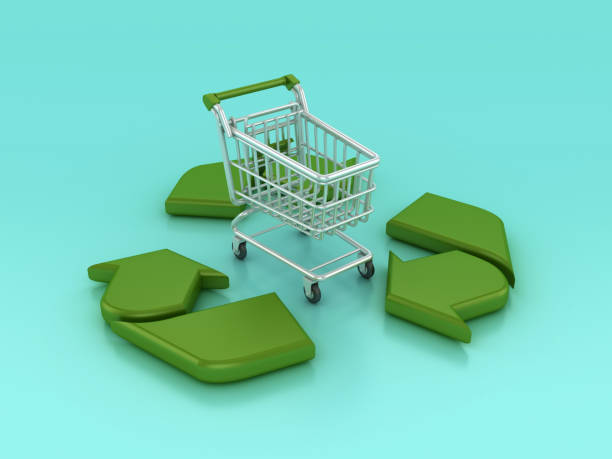 Shopping Cart with Recycling Arrows - Color Background - 3D rendering
