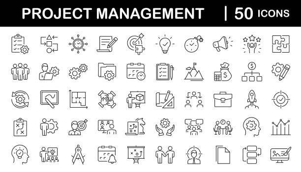 ilustraciones, imágenes clip art, dibujos animados e iconos de stock de conjunto de iconos web de gestión de proyectos en estilo de línea. iconos de gestión empresarial u organizativa para aplicaciones web y móviles. gestión del tiempo, planificación, proyecto, startup, marketing. ilustración vectorial - desarrollo
