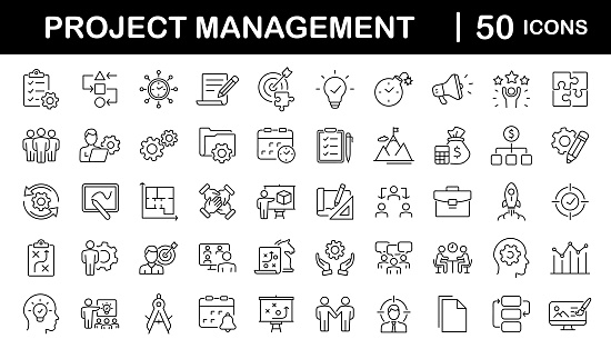 Project management set of web icons in line style. Business or organisation management icons for web and mobile app. Time management, planning,  project, startup, marketing. Vector illustration
