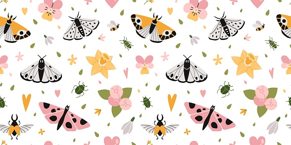 Seamless pattern with natural, plant elements, cartoon style. Flower, butterflys and bugs. Trendy modern vector illustration on white background, hand drawn, flat design.