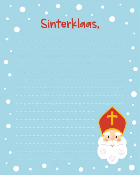 Vector illustration of Letter to Sinterklaas. Printable holiday page template decorated by Saint Nicholas face. Dutch or Belgium holiday theme.