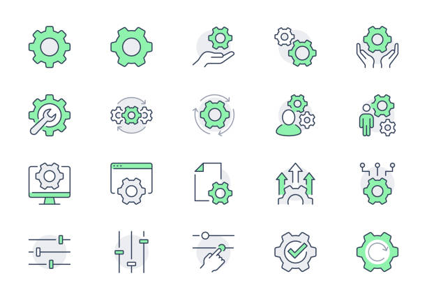 Settings line icons. Vector illustration include icon - cogwheel, repair, spanner, config, automation process, service, outline pictogram for system maintenance. Green Color, Editable Stroke Settings line icons. Vector illustration include icon - cogwheel, repair, spanner, config, automation process, service, outline pictogram for system maintenance. Green Color, Editable Stroke. computer settings screen stock illustrations