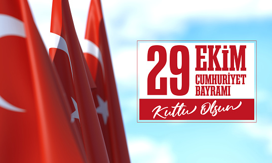 29 Ekim Turkish Flag On Blue Sky 100th Anniversary. Turkish Republic Day