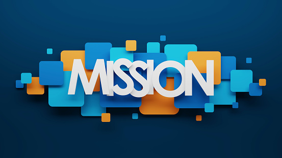 3D render of MISSION blue and orange typography banner with blue and orange squares on dark blue background