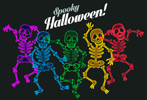 Colourful overlapping silhouettes of halloween skeletons with message. halloween, october, Spooky, pumpkin, trick or treat, fear, horror, old, dark, ghost, evil, night,  Monster - fictional character
