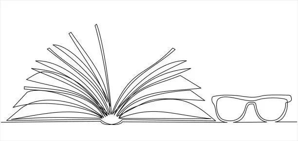 Vector illustration of Glasses and open book, continuous line vector illustration. one line vector drawing of a book and a glasses. Black and white hand drawn image.