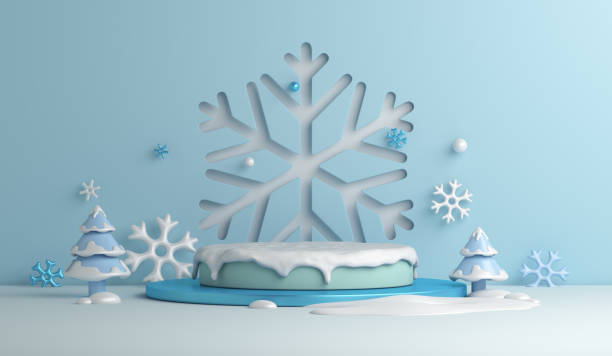 Winter display podium decoration background with snowflakes, trees, copy space text, 3D rendering illustration