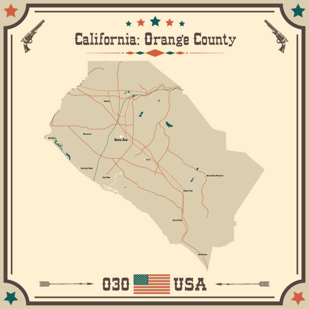 große und genaue karte von orange county, kalifornien, usa mit vintage-farben. - california map counties county stock-grafiken, -clipart, -cartoons und -symbole