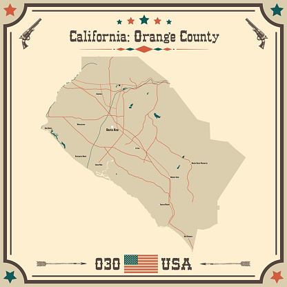 Large and accurate map of Orange County, California, USA with vintage colors.