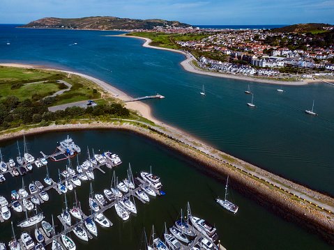Aerial view of the estuary and marina at Conwy on the north Wales coast in the United Kingdom.