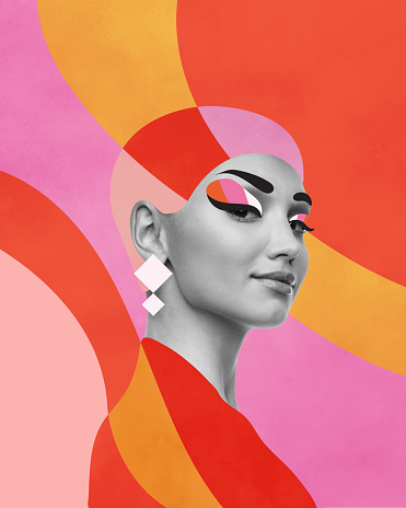 Contemporary art collage. Abstract woman face. Feminine abstraction poster in colorful palette. Creative geometric female pattern in cubism style. Concept of beauty, femininity, fashion. ad