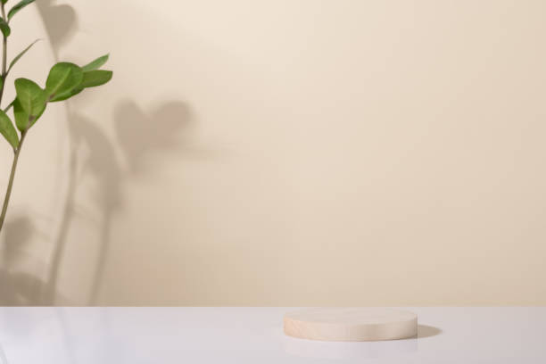 istock Eco rustic pine tree wood disc platform podium and tropical leaf on light and shadow copy spase background. Minimal empty display product presentation scene 1692140604