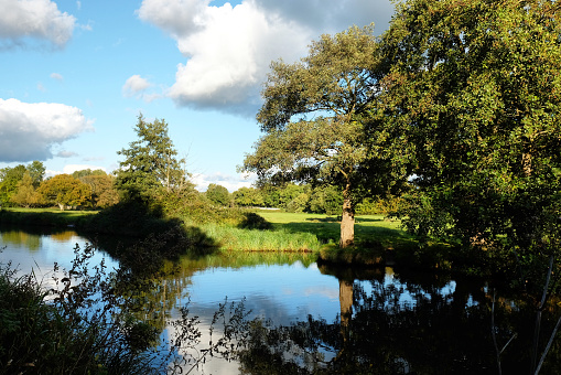 Evening sun on the River Wey, Godalming, Surrey, during the Autumn