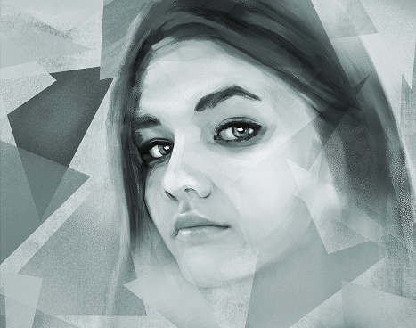 Artistic female portrait on the background of a geometric pattern. Vertical layout