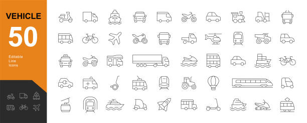 ilustraciones, imágenes clip art, dibujos animados e iconos de stock de conjunto de iconos editables de la línea de vehículos. - truck semi truck car transporter vehicle trailer