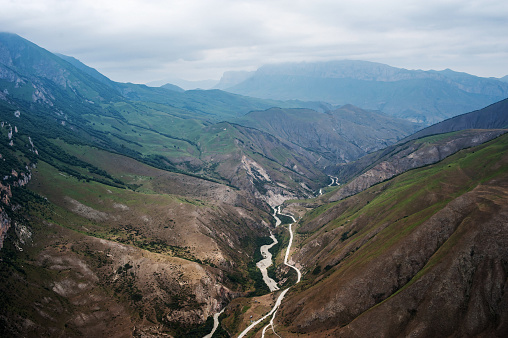 Mountain landscape. river in a mountain gorge, view from above. aerial photography.
