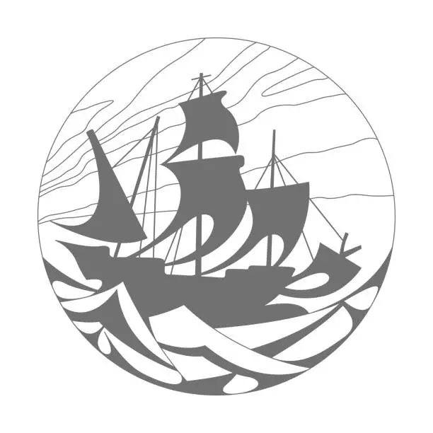 Vector illustration of Sailing boat in the sea(China paper-cut patterns)