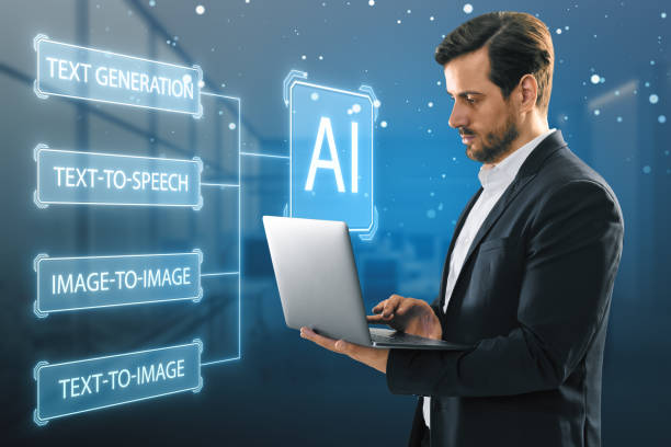 istock Attractive young european businessman using laptop with creative AI interface on blurry blue background. Artificial intelligence, innovation and robotics concept. 1692149171