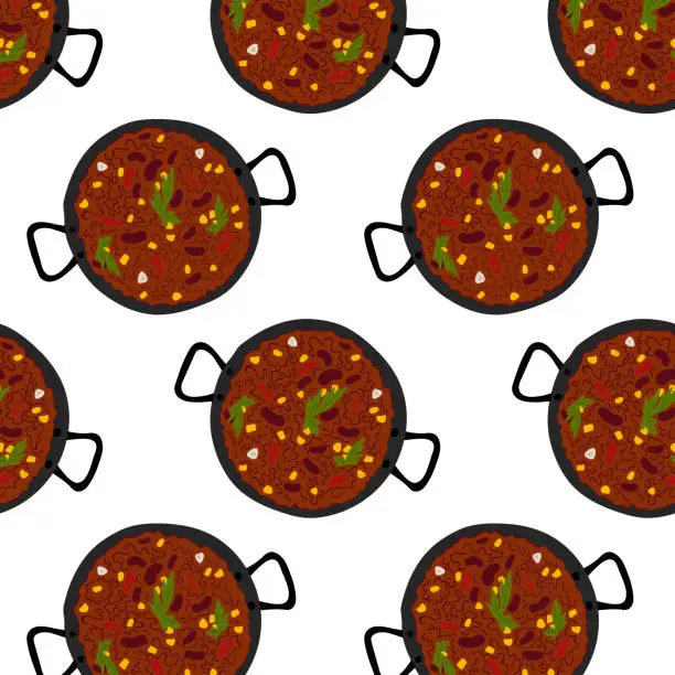 Vector illustration of Seamless pattern of Chili con carne with beans, green and corn in cast iron pan. Flat lay. Isolate