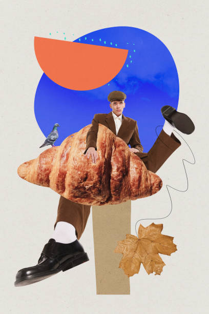 istock Poster. Contemporary art collage. Modern creative artwork. man with long legs running holding huge croissant. trendy urban style. 1692151608