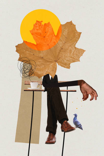 istock Poster. Contemporary art collage. Modern creative artwork. Man with head-leaf drinking cup of hot, aromatize, delicious coffee and pigeon on his shoes. 1692151615
