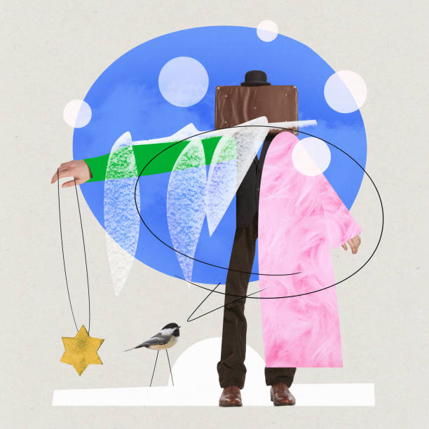 istock Poster. Contemporary art collage. Modern creative artwork. Man dressed vintage with bag instead of head playing with titmouse under the snow. trendy urban style. 1692151620