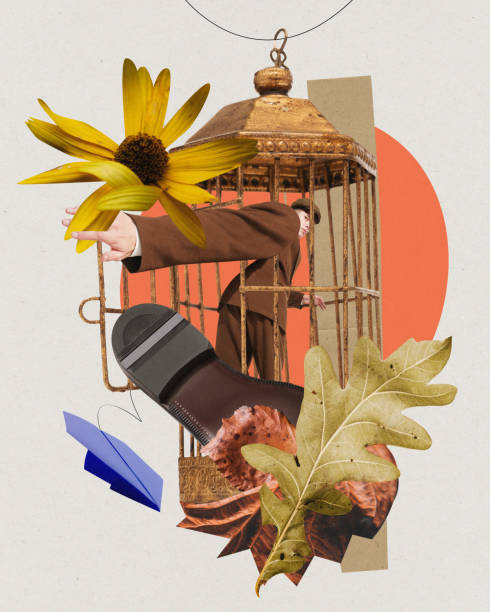 istock Poster. Contemporary art collage. Modern creative artwork. Young man with long arms in cage surrounded flower and dry leaves. 1692151800