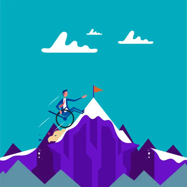 Vector illustration of Disabled businessman climbing to the top of the mountain