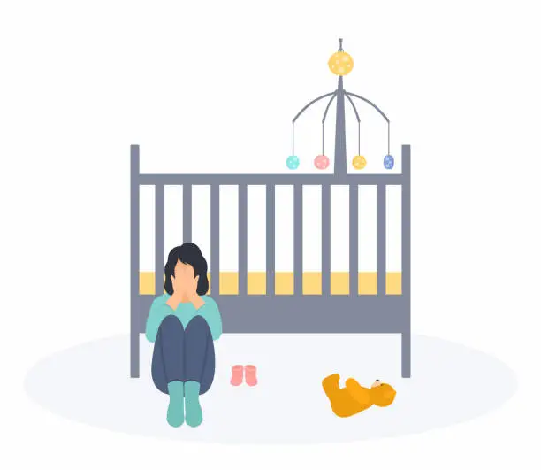 Vector illustration of Crying Mother Sitting In Front Of Empty Crib. Baby Booties And Teddy Bear On The Floor. Baby Loss, Miscarriage, Grieving Parent And Postnatal Depression Concept