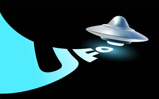 Vector illustration of Vector illustration of silver color flying saucer with blue glow and word ufo on black background. 3d style design of ufo with lighting and text