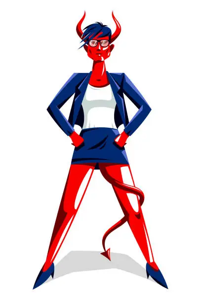 Vector illustration of Big boss bossy girl with horns like demon or devil stands confident serious and angry vector illustration, bad boss despot and tyrant concept, bad queen strong and independent woman.