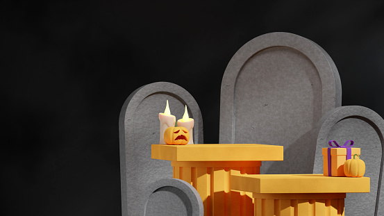 in landscape with candle, gravestone, and pumpkins, 3d render image empty scene Halloween podium