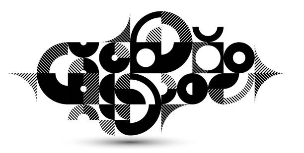 illustrations, cliparts, dessins animés et icônes de fond vectoriel géométrique abstrait noir et blanc, carrelage modulaire rayé art avec cercles et autres formes, motif artistique monochrome de style rétro isolé. - pattern abstract circle creativity