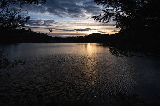 Outdoors scenics of Norway: lake landscape at sunset
