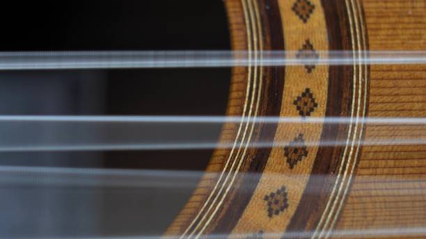 Classical Guitar Strings Vibrating when Song is Played Slow Motion Classical Guitar Strings Vibrating when Song is Played Slow Motion musical instrument string stock pictures, royalty-free photos & images