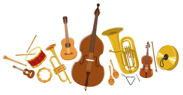 Vector illustration of Classical music instruments composition vector flat style illustration isolated on white, classic orchestra acoustic sound, concert or festival live sound.