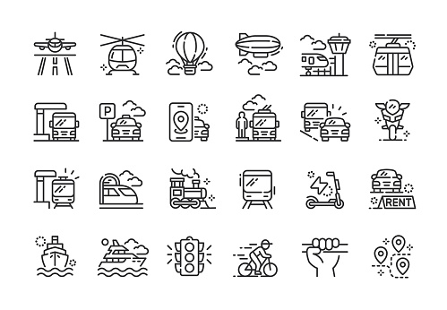 Set of public transportation line vector icons. Editable stroke.